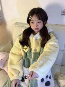 Bata de Invierno Mujer con Capucha de Pelo Coral - Diseño Animal Peludoso, Ultra Caliente y Transpirable para Fiesta de Pijamas - Verde - Ver 5