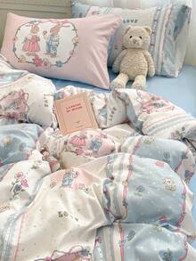 4 件兔子图案印花羽绒被套套装，柔软易清洁的涤纶面料，可爱卡通图案床上用品套装，适合 7 岁以上儿童和青少年（1 件羽绒被套 + 1 件床笠 + 2 个枕套，无内芯）