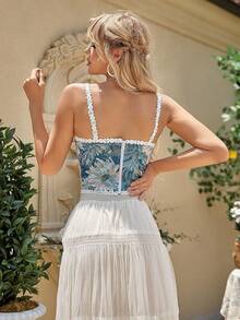 Womens Vintage 1920s Renaissance Lace Trim Corset Bustier, Retro Fashion - 藍色蕾絲 - 查看 4