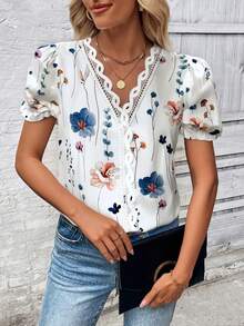 Plus Size Elegant Casual Floral Lace Ruffle Hem Blouse, Spring/Summer - White - View 1