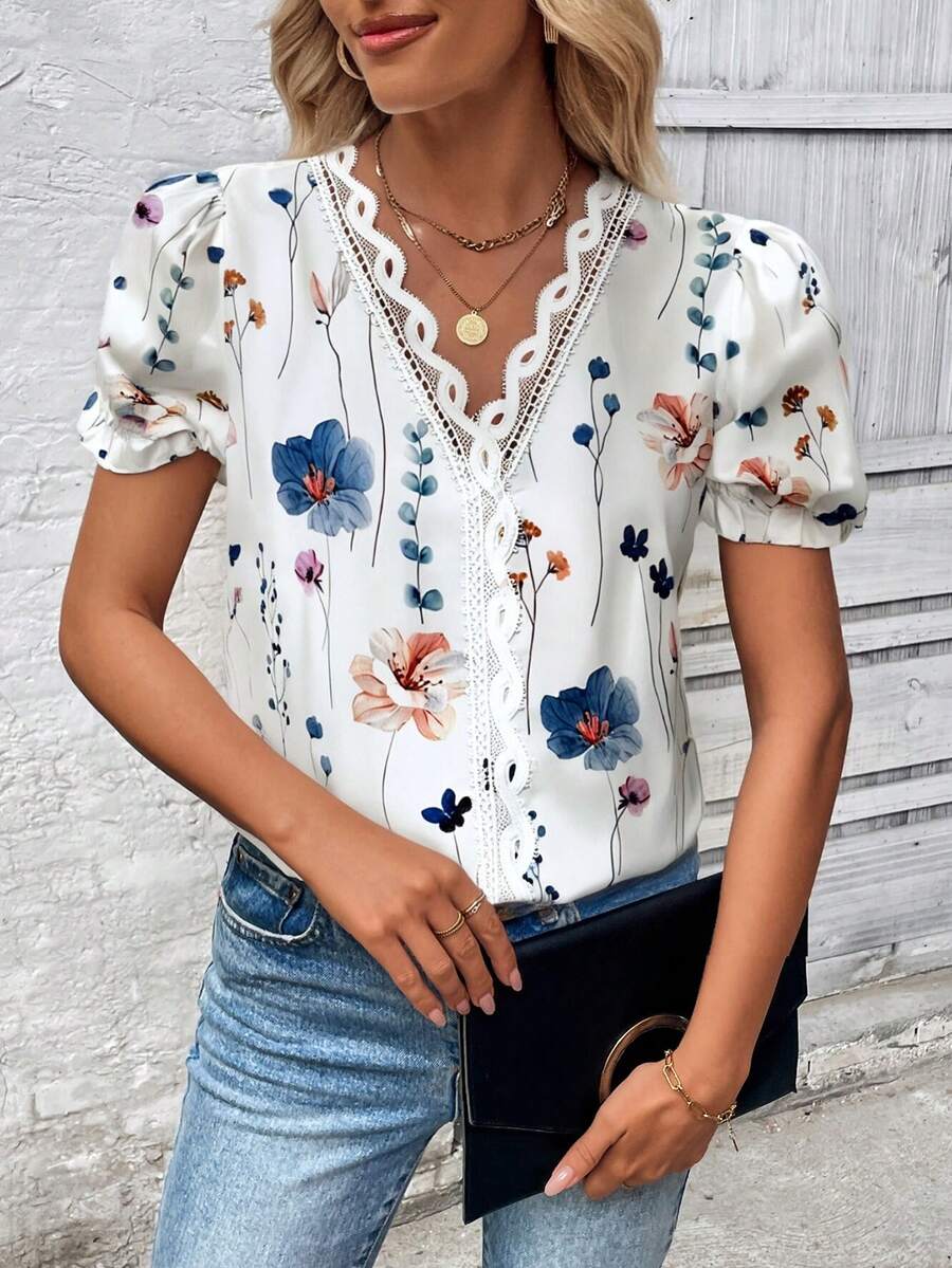 Plus Size Elegant Casual Floral Lace Ruffle Hem Blouse, Spring/Summer - White - View 1