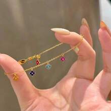 1 pièce Bracelet trèfle à quatre feuilles plaqué or 18 carats de couleur dopamine, design serti de zirconium, élégant et polyvalent. Convient aux femmes, pour les rendez-vous, les soirées, les cadeaux pour l'anniversaire de la petite amie/meilleure amie