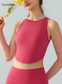 Catch Halo Crisscross Back Strappy Workout Top For Women - Sexy Open Back Camisole & Crew Neck & Build In Bra Cropped Tank Top | 4-Way Stretch Seamless Breathable Sports Top For Yoga, Pilate, Cheerleading, Gym (Rose Pink, S~XL)