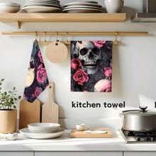 1 set/2 buc prosoape de bucătărie cu model craniu și floral, prosoape de spălat vase, potrivite pentru decorarea interioară în restaurante, bucătării și băi, decorare pentru petreceri, cadouri de festival și pot fi oferite și ca cadouri de Halloween