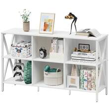 Horizontal Bookshelf Bookcase,6 Cube Storage Organizer With Open Shelf,47 Inch Industrial Low Wide Wood And Metal Cubby Shelf,Long Shelving Unit For Home Office Living Room(White,6 Cube) - 白色 - 查看 7