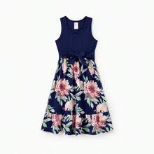 PatPat Family Matching Blue Cotton Tee And Flora Splicing Tank Top Dress Sets - 深藍色 Dark Blue - 查看 3
