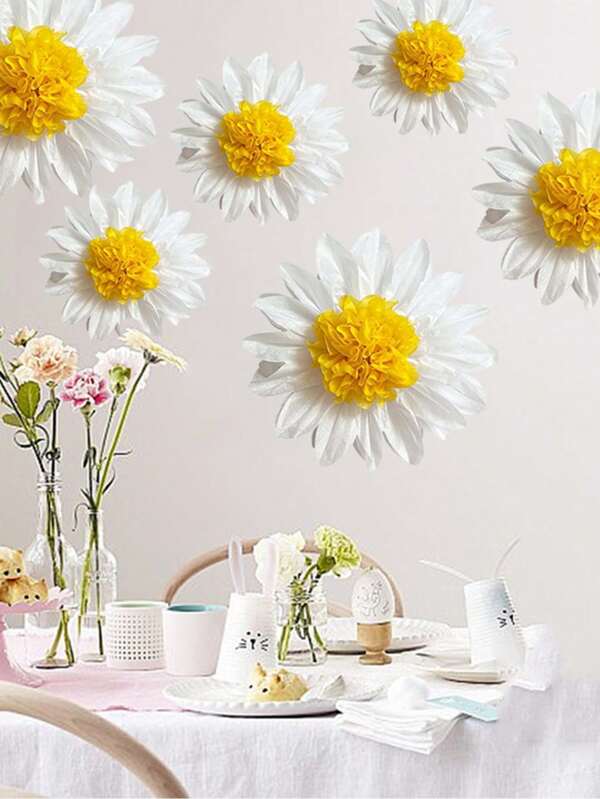 Daisy Tissue Paper Pompoms Party Decorations, White & Yellow Flower Hanging Ornaments Suitable For Birthday, Bridal Shower, Wedding, Classroom Decor, Paper Fans