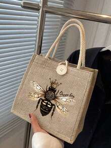 女士多功能皇冠蜜蜂王图案手提包套装，含化妆收纳袋、红色气垫指甲油收纳袋、零钱包，适合婚礼、生日、海滩和节日，亚麻手提包，教师节礼品袋 - 彩色 - 查看 3