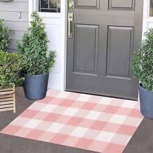 Green And White Outdoor Rug, Buffalo Plaid Porch Mat ,24"X16" Mat With 30"X18" Non Slip Rubber Backing, Easy To Clean, Low-Profile Floor Mat For Front Door Living Room Bedroom Office Dorm Home Decor Kitchen, Made In USA - Hồng Trắng - Xem 2