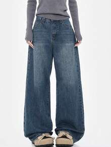 Teen Girl Retro American Style Loose Straight Leg Dark Blue Jeans, Snug Fit - Blue - View 1