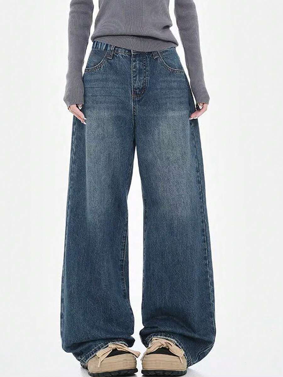 Teen Girl Retro American Style Loose Straight Leg Dark Blue Jeans, Snug Fit - Blue - View 1