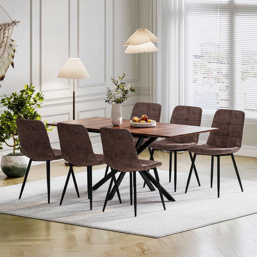 Extendable Dining Table And Chairs Set 6, 120-160cm Wood Grain Table With 6 Brown Upholstered PU Leather Chairs For Dining Room, Kitchen - 木紋餐桌+6張PU款棕色椅子 - 查看 1