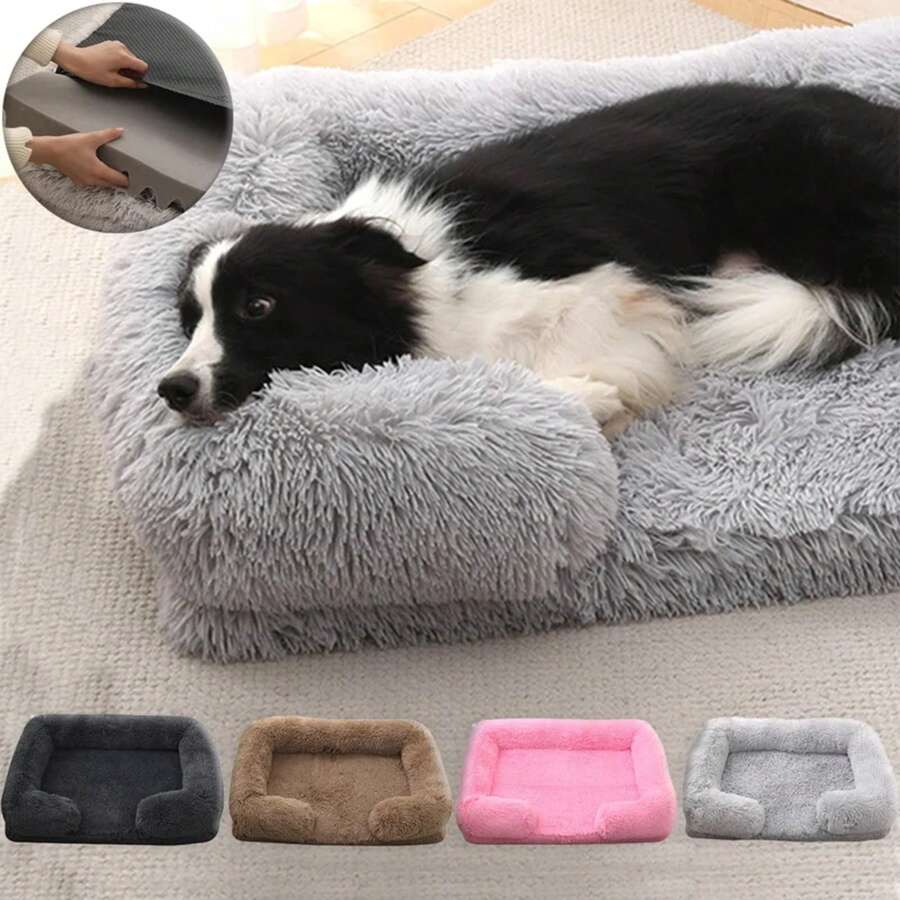 Square Dog Bed Plush Pet Bed Winter Thickened Pad House For Dogs Bed Cat Sofa For Flyffy Dogs Sleeping Bed Sofa Removable Mat - 粉色 - 查看 1