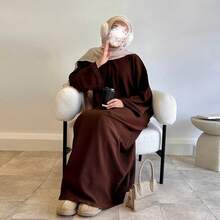 Đầm dài giản dị rộng rãi phong cách Ả Rập Thổ Nhĩ Kỳ thanh lịch màu trơn cho mùa thu/đông - màu nâu - Xem 3