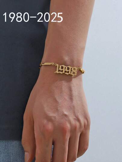 1 件现代简约风格钢色年份数字时间棒链手链男士日常生活