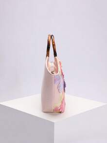 1 件花卉刺绣图案网眼手提包，复古竹柄沙滩包，大容量暑假海滩旅行休闲使用（花卉图案随机发送） - 彩色 - 查看 8