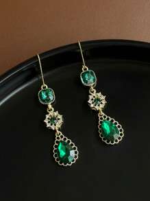 1 Par de Brincos Elegantes e Sofisticados de Luxo com Flor de Cristal Verde Esmeralda Retrô e Borlas, Adequado para Uso Diário e Festivo de Mulheres