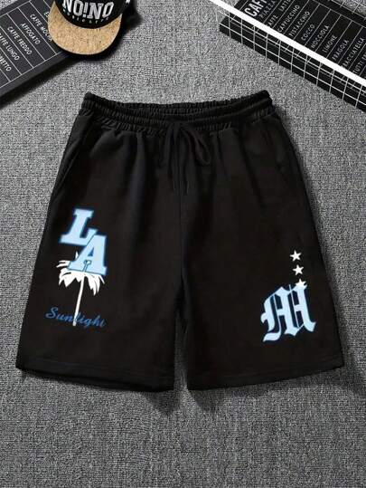 Pantalones negros para adolescentes, shorts de cintura elástica con estampado de palmera de Los Ángeles y estilo de vacaciones de playa'
