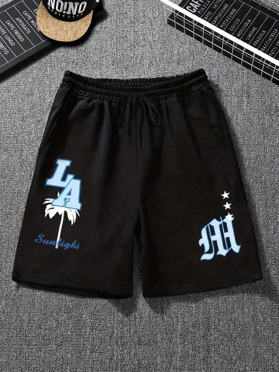 青少年男孩黑色裤子椰子树洛杉矶印花夏日度假风格海滨松紧腰短裤 - 黑色 - 查看 1