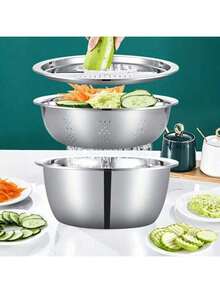 3 Pieces Stainless Steel Kitchen Prep Set: Integrated Grater, Multifunctional Strainer, And Mixing Bowl With Drainage System For Washing, Slicing Fruits, Vegetables, And Cheese Christmas Stocking Fillers,Gifts,Funny Gifts,Ramadan,Personalised Gift, - Multicolor - View 3