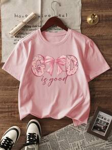 1pc Tween Girl Casual Printed Crew Neck Short Sleeve T-Shirt For Students, Summer - Pink Bow Artistic Style Inspiring Creativity And Self-Expression - Pink - View 3