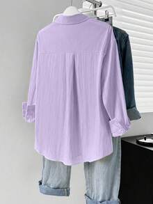 Solid Color Button Front Pocket - Elegant Basic Solid Color Shirt, Fashionable Lapel Long Sleeve Shirt, Casual Shirt For Spring And Autumn, Women's Autumn Clothing - Purple - View 2