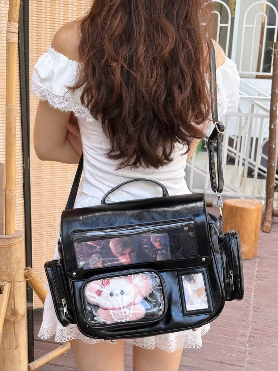 Japanese New PU Leather Fashion Y2K Style Chain Transparent Badge Hanging Bag, Suitable For Daily Leisure And Street Commuting, Multi-Functional Large-Capacity Single-Shoulder Cross-Body Backpack, Idol Support Bag, Can Place Small Objects