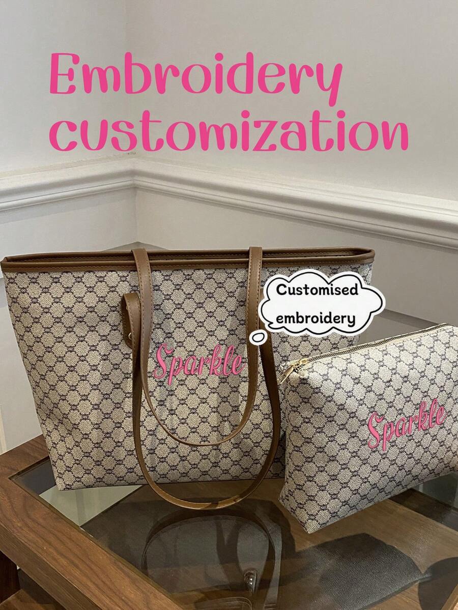 2 件女士个性化刺绣菱形格子单肩包和手拿包套装，时尚百搭大容量手提包，适合上班通勤，便携式购物收纳包，可定制为婚礼、母亲节、情人节、圣诞节、生日礼物 - 彩色 - 查看 1