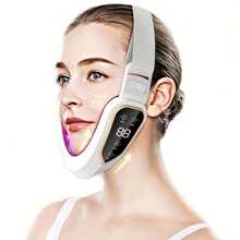 Rechargeable V-Face Massager] Rechargeable V-Face Lifting Massager | USB Facial Beauty Tool With LED Display & Adjustable Intensity, For Glowing Light Beige & Contouring - Perfect Gift For Easter, Mother's Day, Women & Teens - White - View 3