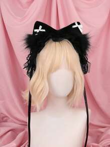 可调节可爱蕾丝猫耳头饰，带蕾丝丝带的女仆装头饰，派对、舞台表演的少女头饰 - 發箍 - 查看 6