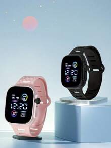 2pcs/1pc Color Display Electronic Watch, Korean Fashion Cool LED Light Couples Digital Watches For Middle School Students
