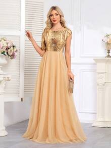 hezixi Women's Sequined Mesh Patchwork Evening Party Dress Elegant Formal Prom Wedding Guest Gown, For Graduation, Dinner - Champagne - View 6