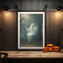 1 件秋千帆布海报 - 可怕的万圣节墙壁艺术与可爱的幽灵，带框卡通风格装饰，适合客厅、卧室或家庭办公室，室内使用，非常适合儿童房或浴室，万圣节装饰