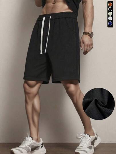 Summer Men's Shorts Outdoor Fitness Breathable Sports Tennis Bermuda Shorts Casual Elastic Drawstring Loose Shorts Black,