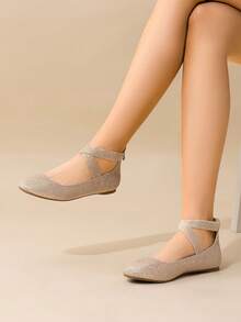 Women Ballet Flats Cross Elastic Ankle Straps Round Toe With Back Zipper Fashion Elegant Comfortable Daily Dress Versatile Non-Slip Flats Shoes - Vàng - Xem 3