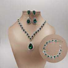 1 par de aretes + 1 collar + 1 pulsera Elegante juego de joyas chapado en plata con incrustaciones de piedras de imitación en múltiples colores para que elijas y combinar con tus atuendos diarios
