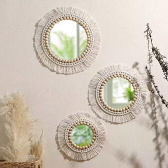 1pc Handwoven Boho Wall Mirror, Round Mirrors With White Wooden Beads, Macrame Hanging Wall Mirror, Wall Decor, Boho Wall Decor, Design From Artisans, Premium Quality Wall Decor, Boho Acrylic Mirror For Room Decor, Living Room, Nursery
