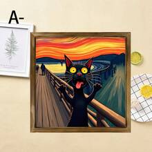 1 幅 2D 平面黑猫与水果碗壁画 - 复古木框油画，梵高风格星夜装饰，适合客厅、卧室、办公室 - 独特的家居礼物创意，桌面装饰，趣味设计，木框，2D 平面艺术品