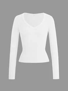 Vaiaye Women's Sexy Fitted Knit Long Sleeve Top, Solid Color V-Neck T-Shirt, Suitable For Valentine's Day Wear - White - View 3