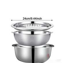 3 PiecesFood-Stainless Steel Kitchen Prep Set: Integrated Grater, Multifunctional Strainer, And Mixing Bowl With Drainage System For Washing, Slicing Fruits, Vegetables, And Cheese