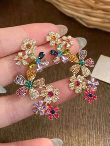 1 Pair Fashion Party Colorful Floral Crystal Glass Luxury High-End Niche Design Cartilage Clip Earrings, Unique Beautiful Exaggerated Elegant Women Earrings - 豐富多彩的 - 查看 2