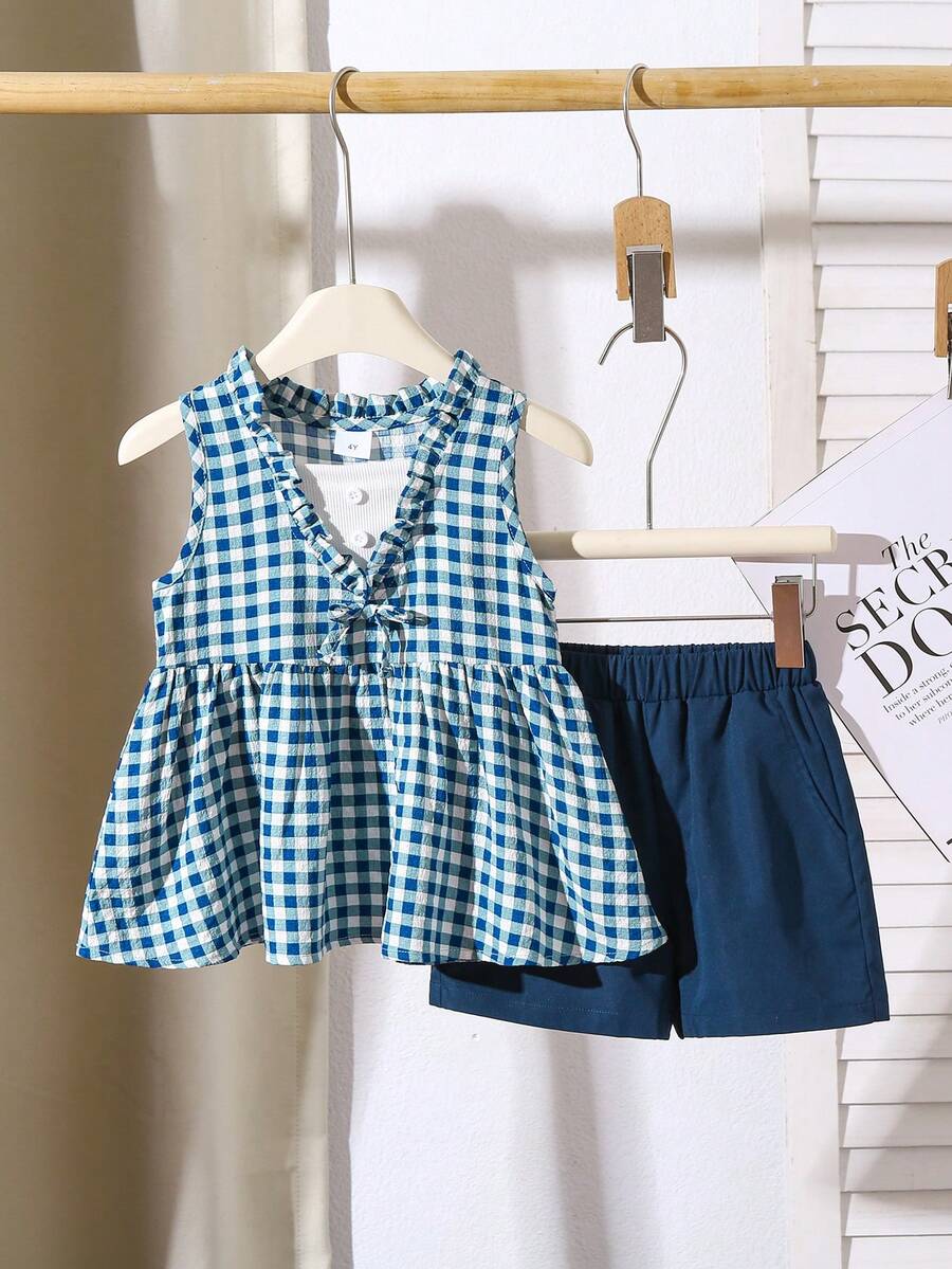 女童休闲格子无袖上衣和短裤两件套，幼儿 - 藍色 - 查看 1