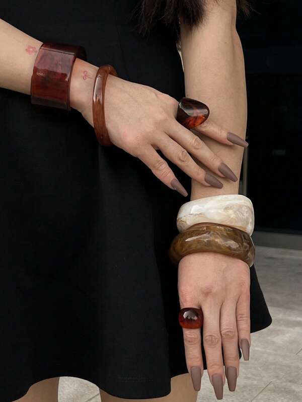 1pc Asymmetrical Tie Dye Resin Bracelet & Ring Set, Suitable For All Seasons, Bohemian Holiday Style