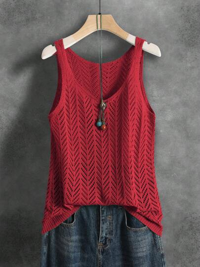Women's Summer Hollow Breathable Versatile Solid Color Knitted Openwork Ribbed Sleeveless Vest, Suitable For Sports, Fitness, Daily Wear, Summer Vacation, Casual, Unisex, Soft And Comfortable, All Season, Christmas Outfit