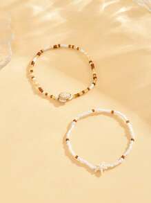 2 pièces Ensemble de bracelets de cheville bohème perlés, bijoux de plage en coquillages dorés, accessoires de mode pour vacances convenant à un port quotidien et aux voyages