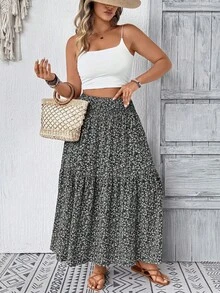 Chân váy midi dáng suông họa tiết hoa nhí cho nữ cỡ lớn, có bèo nhún, cạp chun, thích hợp cho kỳ nghỉ thu hè. - Hoa đen - Xem 7