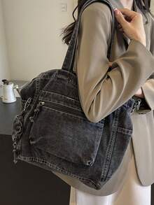 תיק אופנה חדש וקז'ואל מבד ג'ינס רך מכוסה עם כיסים מרובים (עם ארנק למטבעות), תיק נסיעות גדול בצבע אחיד, תיק מזוודות, תיק כתף רב-תכליתי לנסיעות, תיק ספורט לחדר כושר, תיק שליח רטרו לסטודנטים, מתאים לעבודה, קניות, נסיעות, ספורט ושימוש בית ספר - שחור - ראה 7