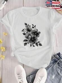 Black And White Flower Bouquet Drawing Womens T Shirt Casual Floral Print Graphic Tee Soft Stylish Gift  Fashion Summer - White - View 3