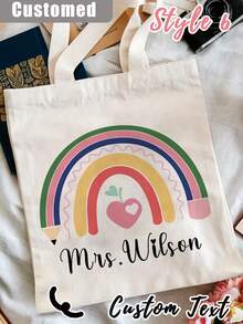 1Pc Custom Teacher Appreciation Tote Bag - Personalized Canvas Beach & Shopping Bag With Monogrammed Name, Personalised Teacher Bag - Custom Rainbow Tote With Floral Design, Large Capacity, Buckle Closure - Ideal Thank You Gift For TA, School Leaver, Or Teaching Assistant, School Bag|Floral Tote Bag - Multicolor - View 7