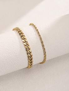 2 件/套简约风格不锈钢电镀金链手链套装男士，优雅时尚，适合日常佩戴，适合作为男友礼物